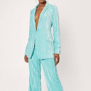 Nasty Gal Teal Crushed Velvet Longline Blazer Jacket US 4 Shimmer 90s